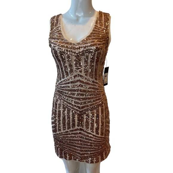 Akira Chicago Womens Sequins Mini Deep V-Neckline Dress Brown Size Medium - Picture 1 of 9